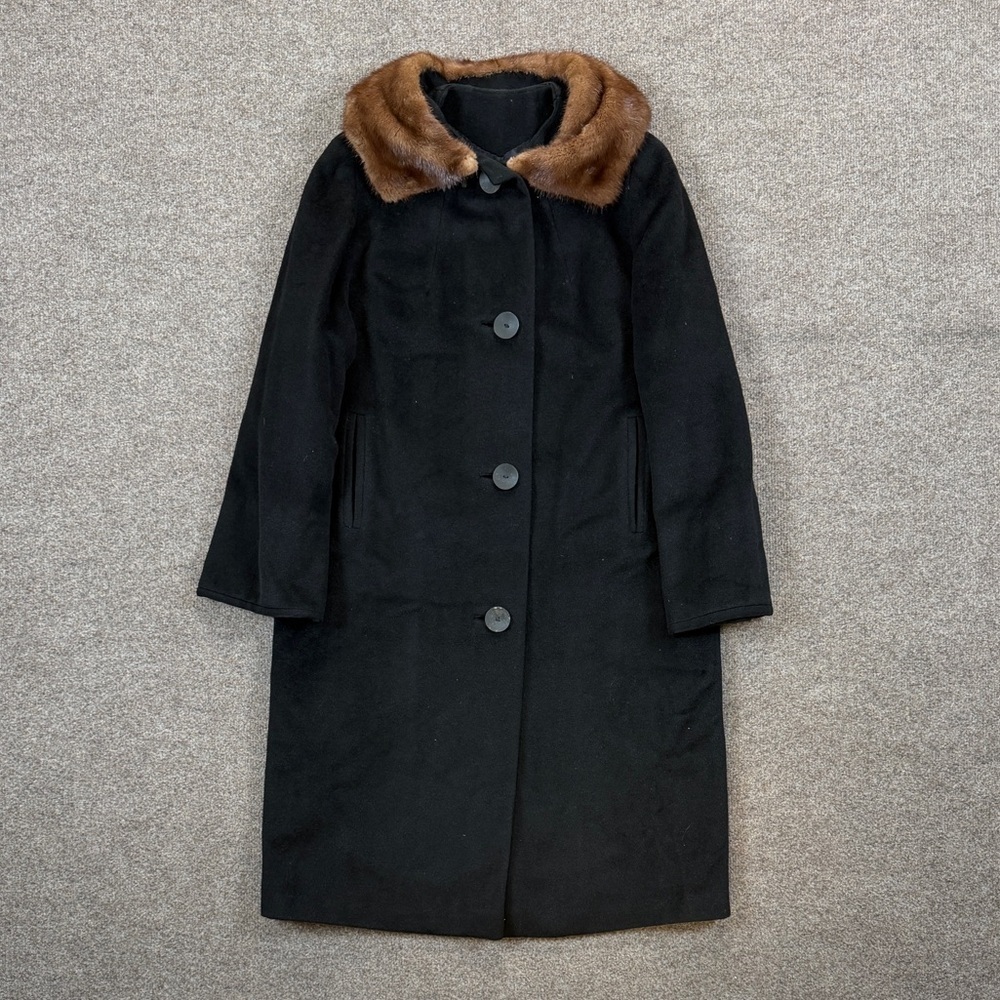 Vintage 80s Long Black Pea Coat Women L Fur Collar Button Front Ebonique Worumbo